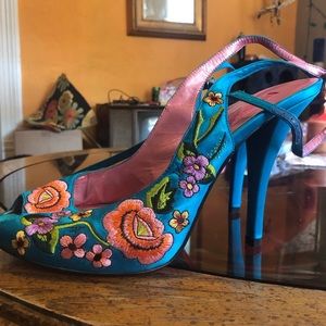 Betsey Johnson Blue Floral Embroidered Heels